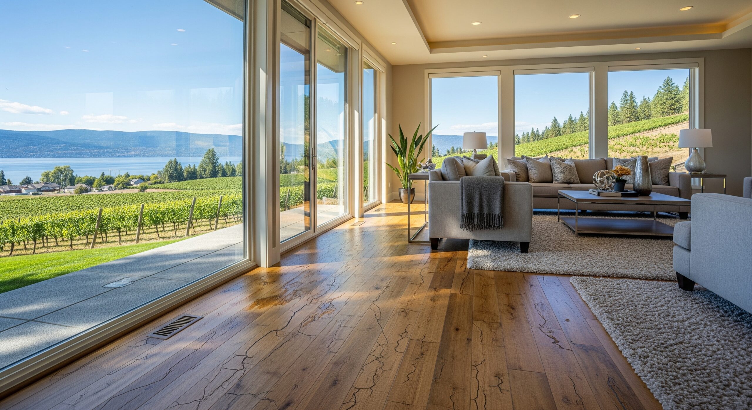 Deteriorated hardwood floor in a luxury Okanagan home with lake and vineyard views through large windows.